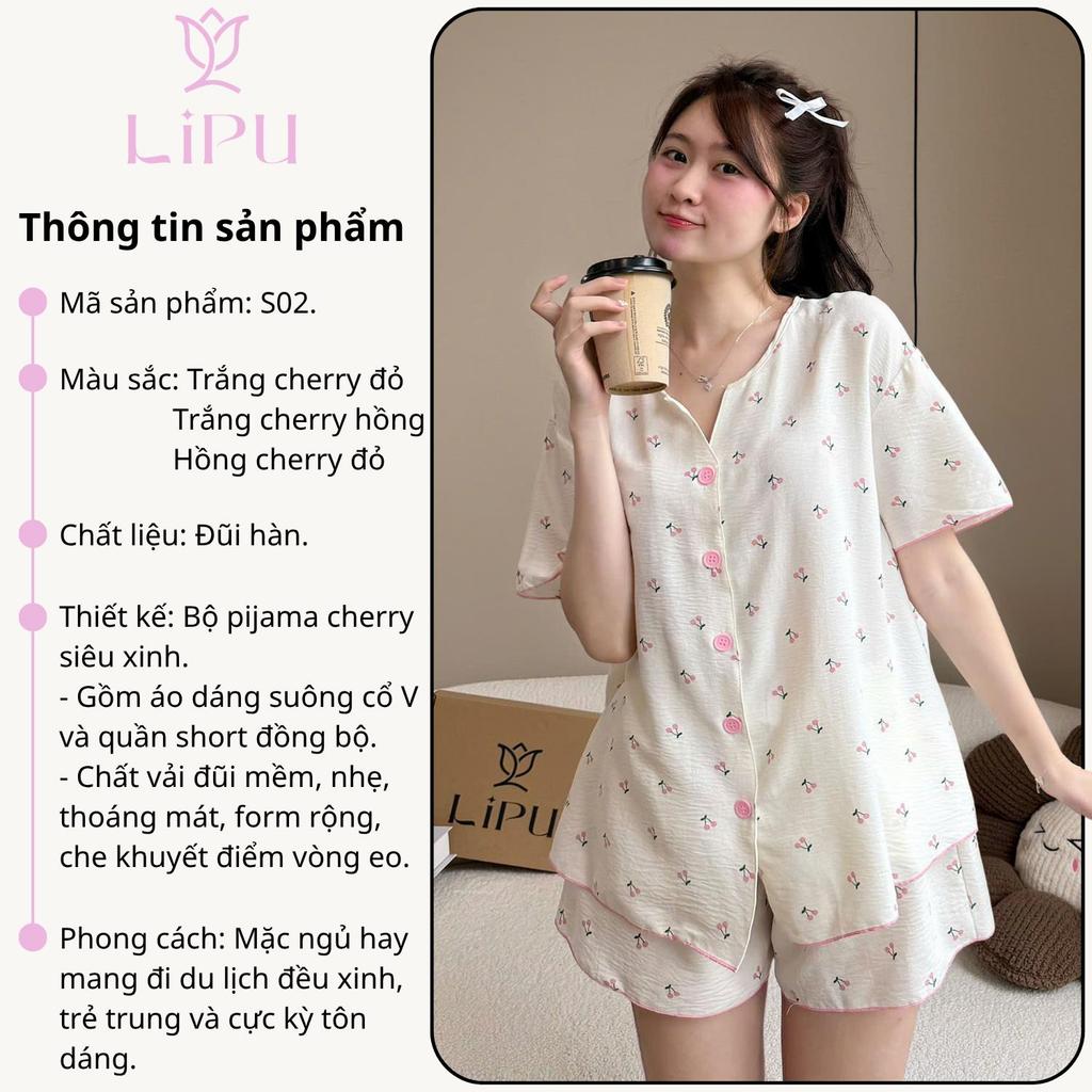 Set Pyjama Cộc Cổ V Hoạ Tiết Cherry Phối Viền S02 LIPU