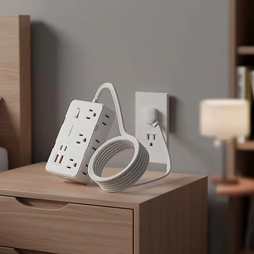 Ổ cắm điện 10-trong-1 với bảo vệ chống sét, bộ chuyển đổi 5ft, 6 ổ cắm rộng, 4 cổng USB (2 USB C) để sạc.