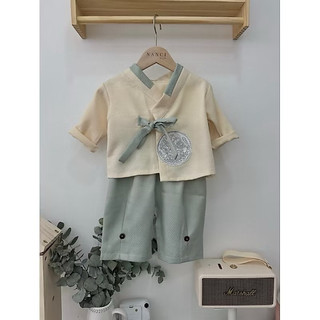 Set hanbok vintage em bé trai màu be và xanh