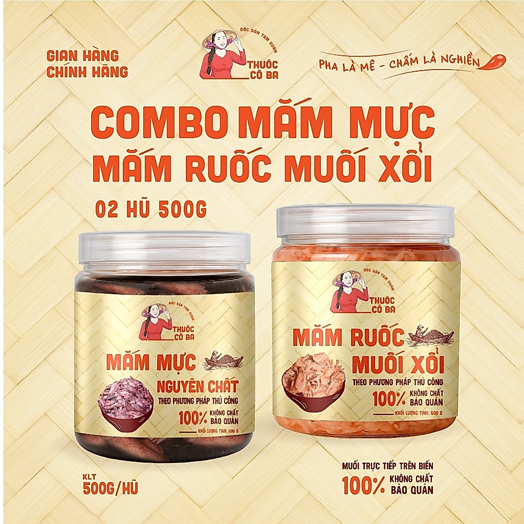 Combo Mắm Ruốc Muối Xổi Và Mắm Mực Thuộc Cô Ba Nguyên Chất Truyền Thống Hũ 500g