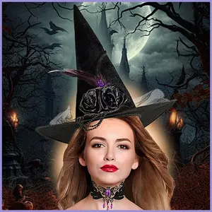 Mũ phù thủy dành cho nữ Bộ mũ và vòng cổ ren nhọn Mũ phù thủy Halloween dành cho tuổi Teen mueadsyvn