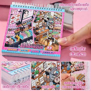 Sách sticker tiểu cảnh mini 10 cảnh – 20 tờ, DIY thư giãn – Siêu dễ dán, giải stress – Chủ đề cửa hàng, bánh ngọt