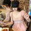 Áo thun cổ vuông màu hồng dành cho nữ mùa hè ren ngọt ngào Áo sơ mi trẻ em Tencel tay ngắn pha trộn