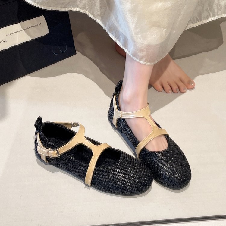 Retro Mũi Tròn Dệt Flat Slip-On Mary Jane Giày Mùa Hè Phong Cách Mới Thời Trang Thường Ngày Ngoài Trời Mặc Chống Trơn Trượt Chống Mài Mòn Đi Lại Giày Đế Bằng Nhà Máy Ai