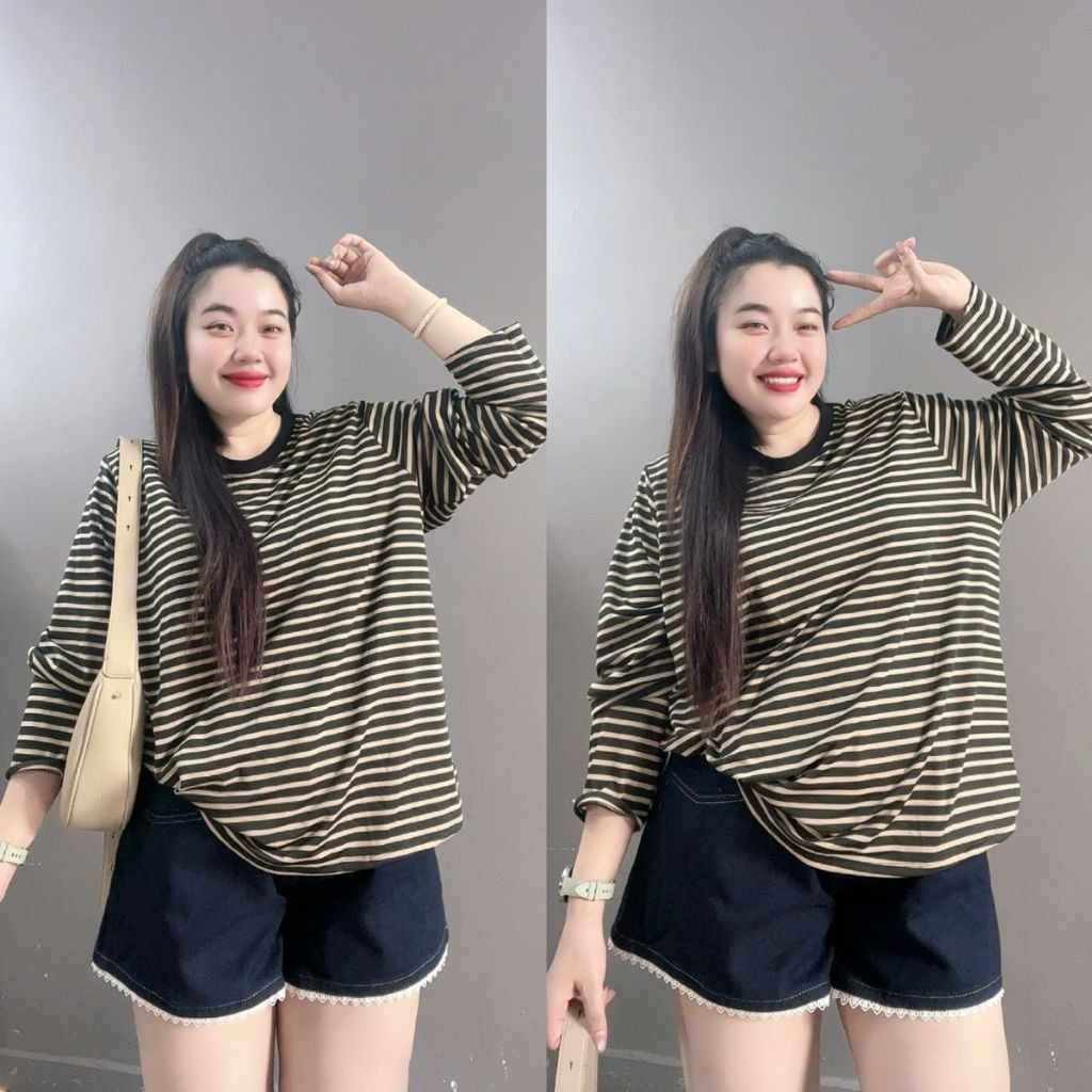 Áo thun Nữ Bigsize CÔ NHỎ Phom Rộng Dài Tay Cổ Tròn Kẻ Sọc Thun Cotton Co Giãn Nhẹ - A296