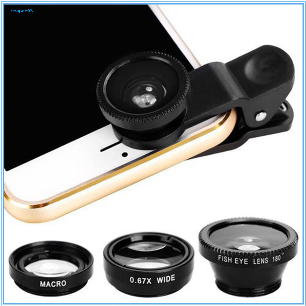 [Ky] Camera điện thoại di động 3 trong 1 Fish Eye Macro Bộ ống kính góc siêu rộng có kẹp