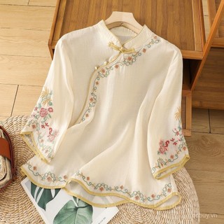 Mới! Áo sơ mi nữ phong cách Trung Quốc retro, thêu tay từ cotton và vải lanh, phù hợp cho mùa hè.