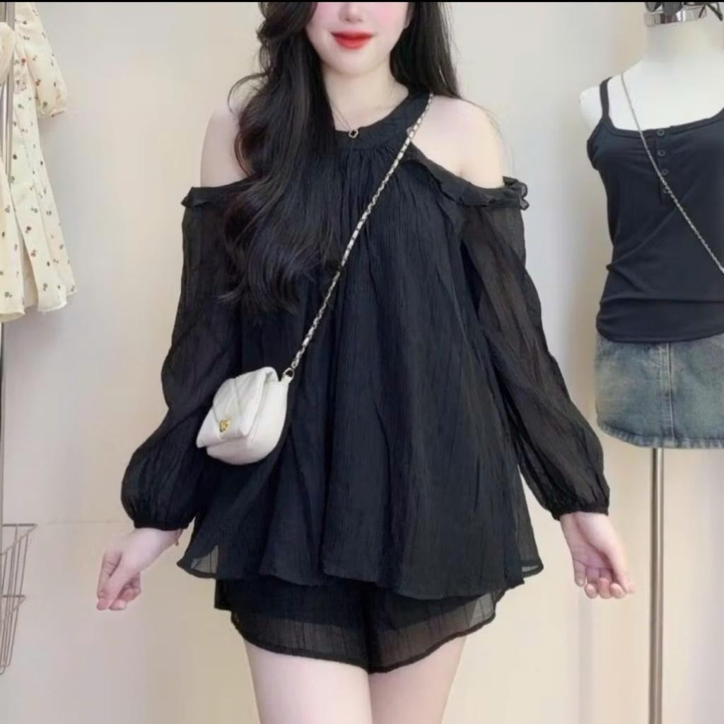 Set Áo Kiểu Hở Vai Dài Tay Tiểu Thư Kèm Quần Đùi Form Rộng, Vải Tơ Ánh Kim Lót 2 Lớp - Bigsize Bs032