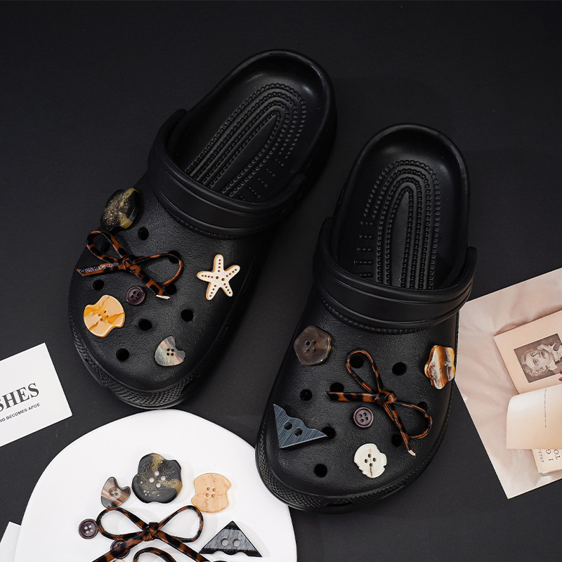 Phụ kiện hoa/nơ/in da báo cho Crocs, nút hổ phách, tháo rời, phù hợp lỗ, Busch Zhibixing