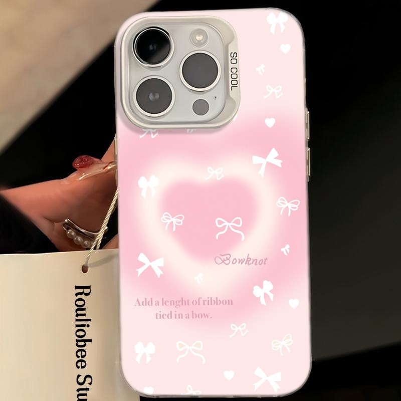 Ốp Lưng iPhone Hình Nơ Tim Hồng Dịu Dàng - Tương Thích 16/15/14/13/12/11 Pro Max, XS Max, X
