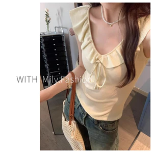 Milyfashion Pháp Xù Không Tay Dệt Kim Mùa Hè Slim-fit Ôm Hơn Nhìn Nơ Thắt Nơ Không Tay Sling Áo Ngắn