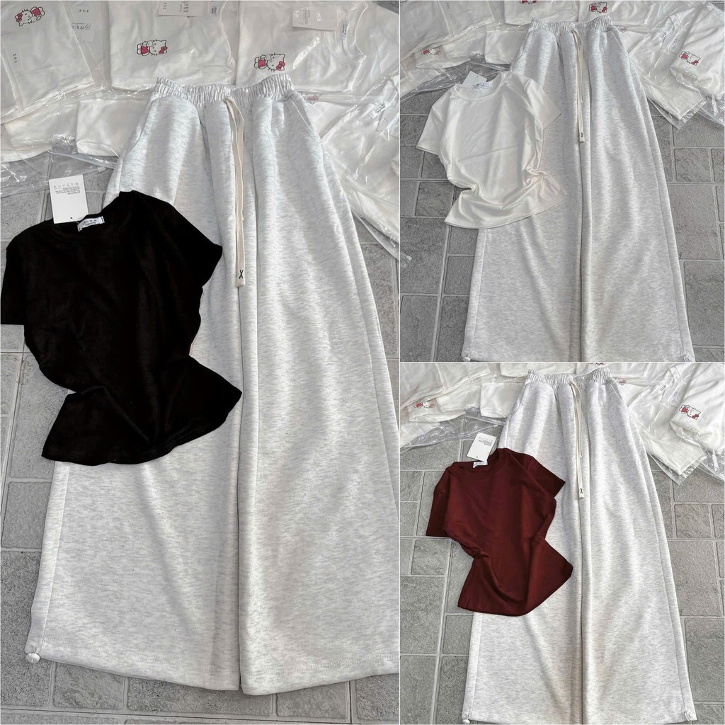 SÉT BỘ QUẦN ỐNG RỘNG DA CÁ DÁNG DÀI TRƠN+ MIX ÁO THUN TĂM CROPTOP TRƠN