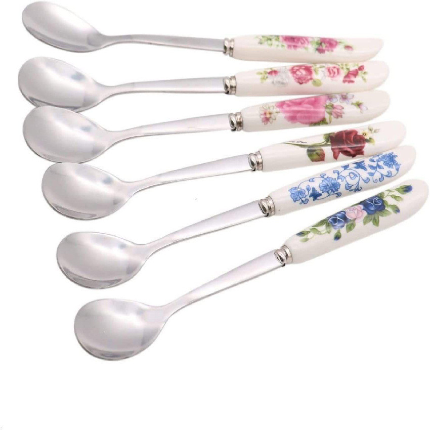 Tay cầm bằng gốm bằng thép không gỉ Hoa văn màu Xuất khẩu Kích thước nhỏ Thìa khuấy Nĩa trái cây T1D1
