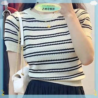 ZMONH Mùa Hè Mới Thời Trang Sọc Tay Ngắn Màu Trơn Đa Năng Giảm Tuổi Giảm Béo Dệt Kim Top Áo Thun