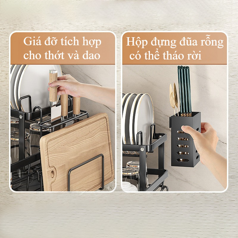 Kệ Đựng Bát Đĩa 2 Tầng - Khung Thép Carbon Bền, Khay Hứng Nước & Ống Thoát, Tiết Kiệm Diện Tích