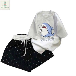 Bộ đồ quần đùi cộc và áo phông tay lỡ cotton su, thời trang thoải mái và phong cách-b