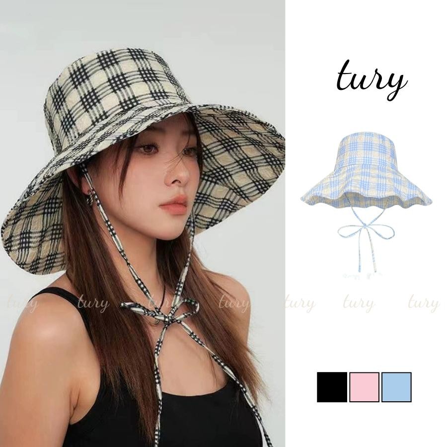 Mũ Tai Bèo Nữ - Tury - Mũ tai bèo kẻ caro vành rộng che nắng có dây cột - NV100