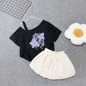 Set đồ áo thun nữ lệch vai in bươm bướm phối chân váy bí xòe xinh xắn, form rộng dễ thương bigsize - A316+CV413