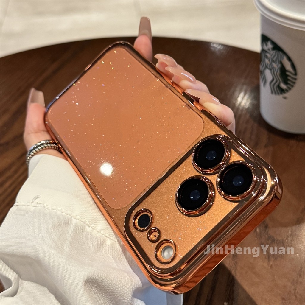 Ốp PC mạ màu hồng Flash cho IPhone 17 16 15 14 13 Pro Max 17Air có màng ống kính Vỏ cứng bảo vệ chống rơi