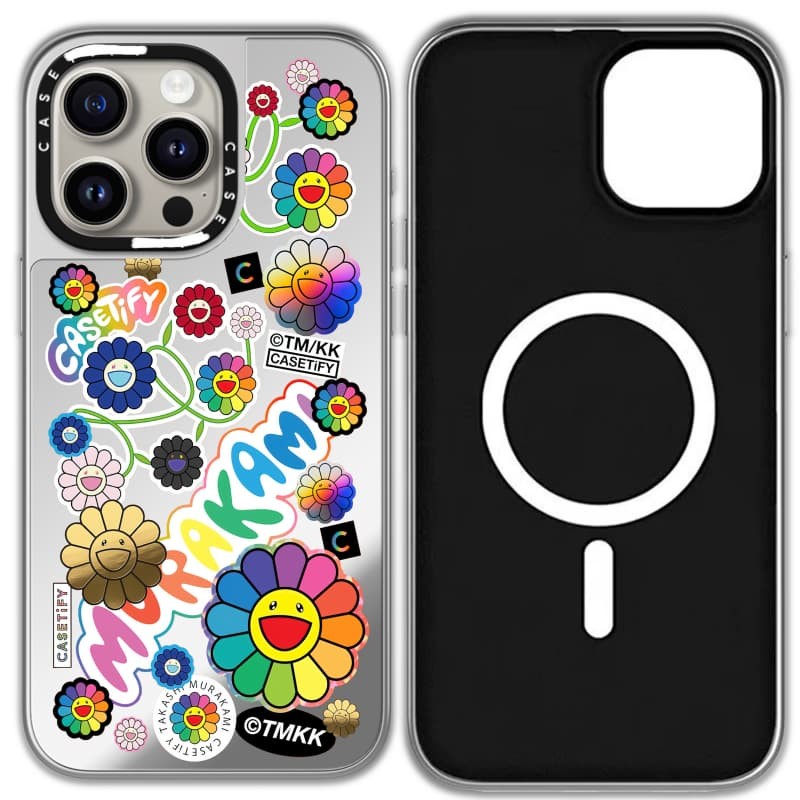 TAKASHI MURAKAMI x CASECASE: HOA BLOOM FLOWERS STICKER MANIA Gương đen & bạc Vỏ iPhone hút từ tính cho iPhone 17 Air 16 15 14 13 12 Pro Max Plus logo khắc