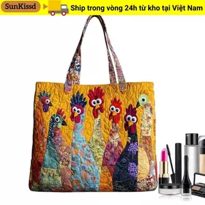 Túi Tote chần bông SUNKISSD, Túi xách du lịch sức chứa lớn nhẹ, Túi đeo vai Cotton cổ điển in họa tiết hợp thời trang Phụ kiện nữ