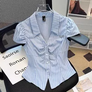 Áo sơ mi thiết kế ngắn tay polo sọc phong cách Preppy xếp ly mùa hè Phong cách mới Sweet Spicy All-Match Top