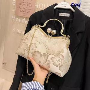 Túi Đeo Vai Thêu CQCJ, Túi Xách Thanh Lịch Họa Tiết Hoa Phong Cách Trung Hoa, Dây Xích Kim Loại Thêu Ví Vuông Nhỏ Tiệc Cưới