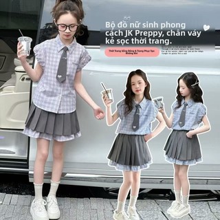 Bộ váy học viện bé gái mùa hè - Áo sơ mi caro tay ngắn phối chân váy xếp ly thời trang