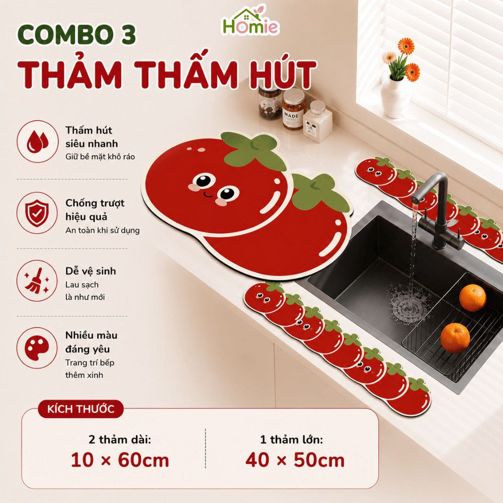 Thảm Thấm Hút Nước Bồn Rửa Bát Bộ 3 Hình Dễ Thương HOMIE, Thảm Bùn Tảo Cát Cao Su Chống Trượt
