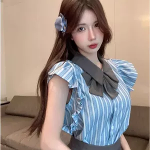 Áo sơ mi sọc nơ phong cách Preppy dành cho nữ mùa hè đẹp Thiết kế hàng đầu nhỏ kiểu Pháp Áo sơ mi tay bay nhỏ