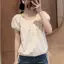 Áo tay phồng màu xanh hải quân phong cách Hàn Quốc Áo dây rút viền dáng rộng phù hợp với khí chất ngắn tay