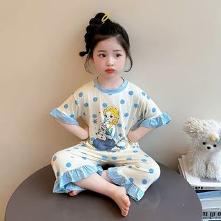 Bộ đồ ngủ bé gái mùa hè 2 món – set đồ mặc nhà lụa lạnh chấm bi viền bèo dễ thương