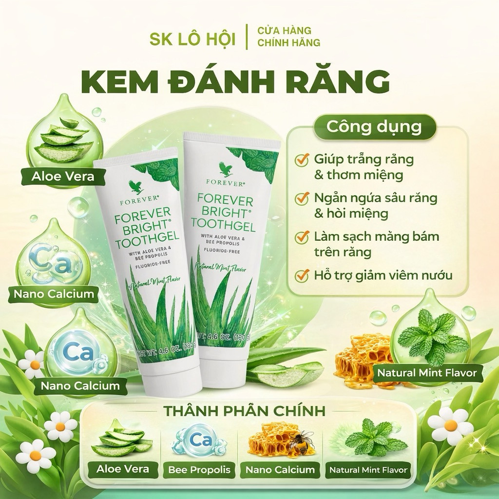 [CHÍNH HÃNG] 028FLP Kem Đánh Răng Nha Đam – Forever Bright Toothgel Kem đánh răng Lô Hội