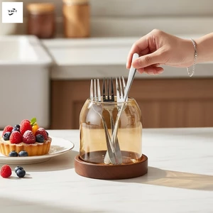 Bộ nĩa tráng miệng bằng thép không gỉ có giá đỡ lọ thủy tinh cho bữa tiệc trà bánh trái cây