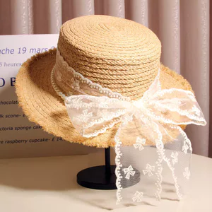 🔥có hàng sẵn🔥thời trang hè mũ cói dễ thương Pháp Thanh Lịch Ngọc Trai Ren Nơ Raffia Flat Top Hat Nữ Mùa Hè Đi Biển Kỳ Nghỉ Che Nắng Top Hat