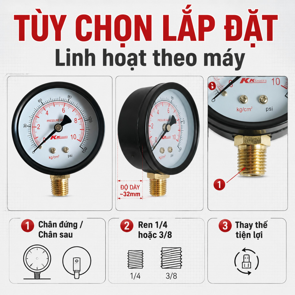 【COD】Đồng hồ áp suất hơi mặt 63mm chân đứng chất lượng cao dễ dàng lắp đặt và sử dụng cho nhiều ứng dụng công nghiệp