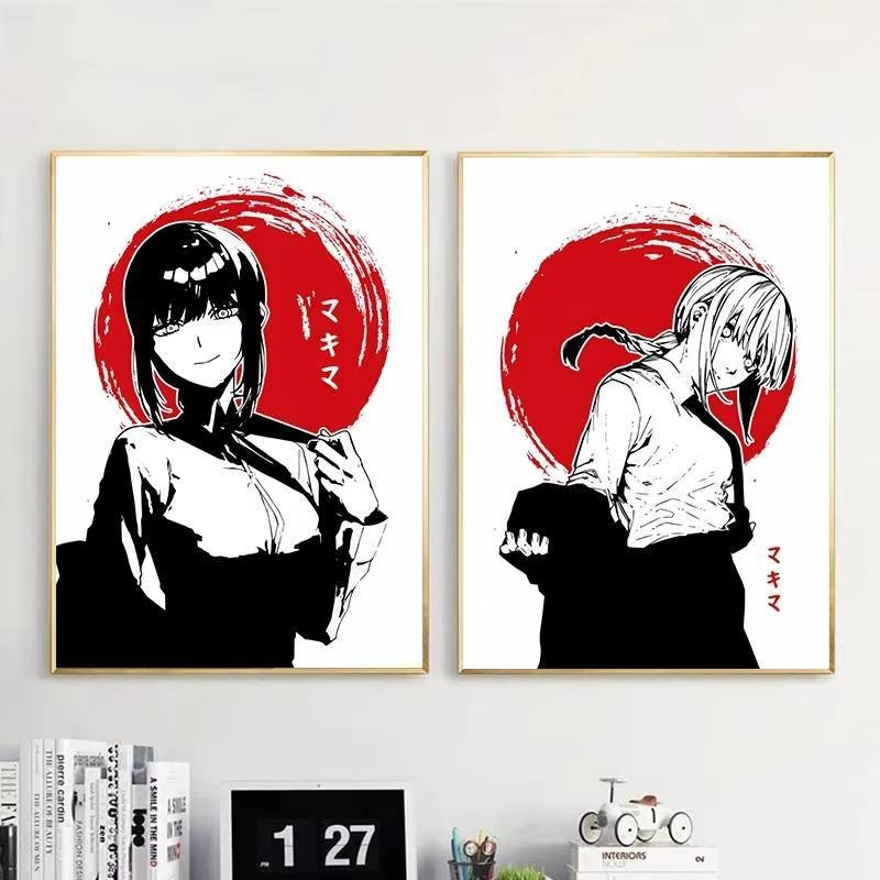 Canvas In Poster Phổ Biến Người Cưa Xích anime Nhật Bản Makima Poster Dòng Mực Phong Cách Retro Treo Tường Nghệ Thuật Trang Trí Phòng Nhà
