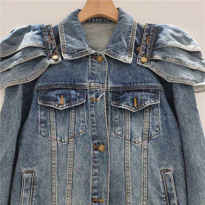 Áo khoác denim nữ retro phong cách Anh Quốc, thiết kế xếp nếp, phù hợp cho mùa mới