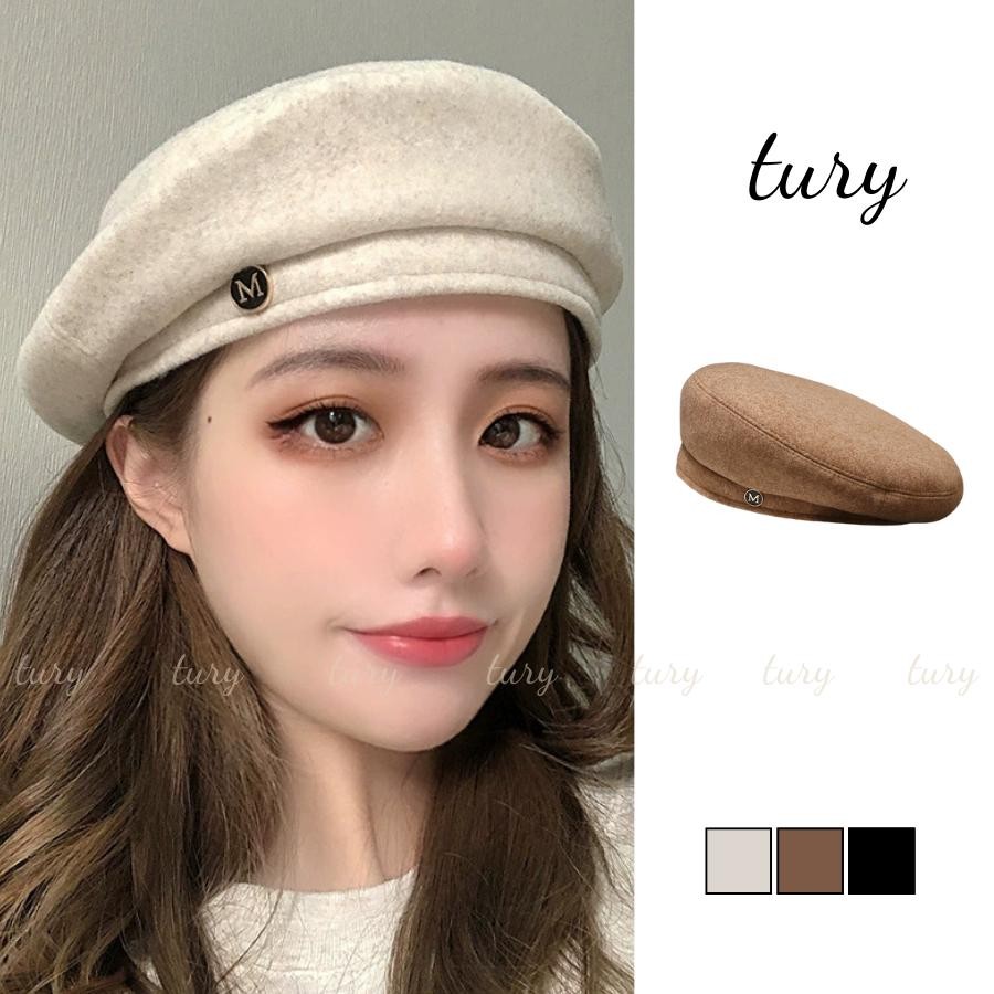 Mũ Beret Nữ - Tury - Mũ nồi len trơn đính nút chữ M - MN049