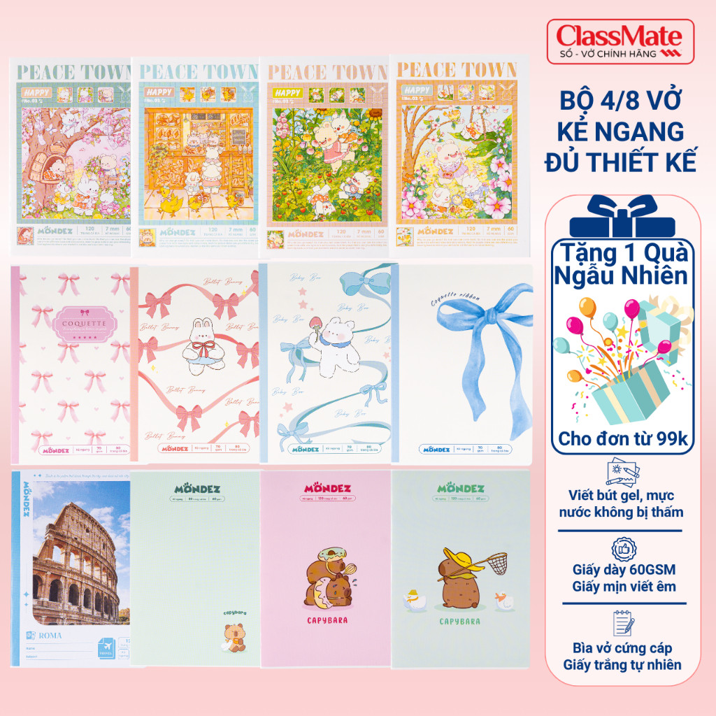 Combo 4/8 Vở Kẻ Ngang MONDEZ, Vở Kẻ Ngang 80-120 Trang 60/70GSM, Vở Kẻ Ngang Thiết Kế Cute-AT