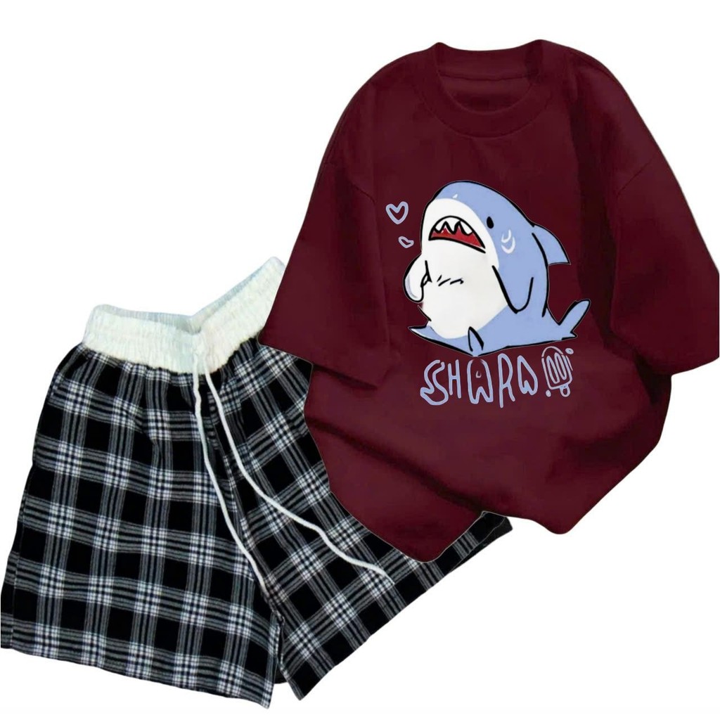 Sét đồ quần đùi cộc + kết hợp áo phông form rộng unisex nam nữ  thời thượng cá mập