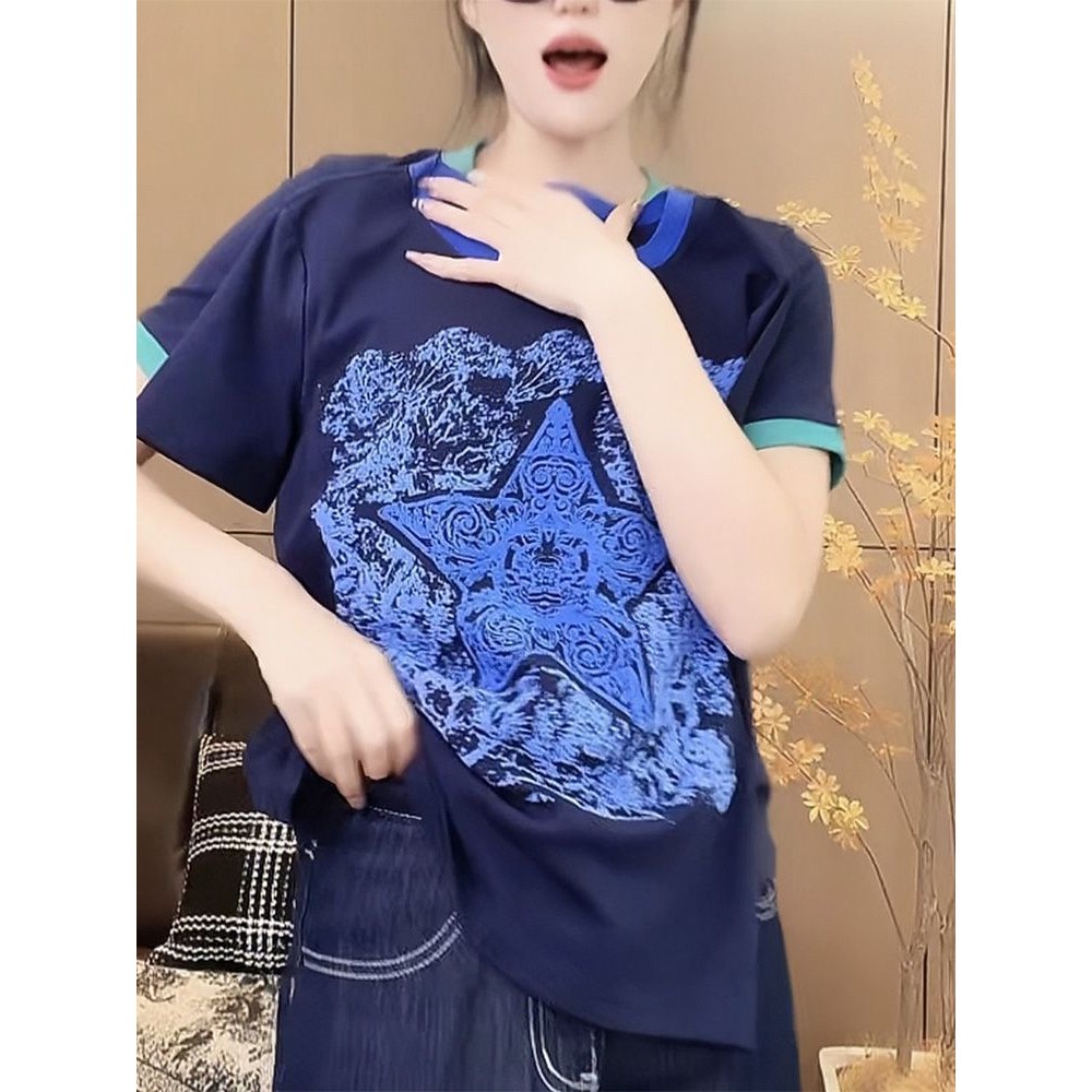 Áo thun nữ cổ tròn mùa hè, thiết kế thời trang in hình