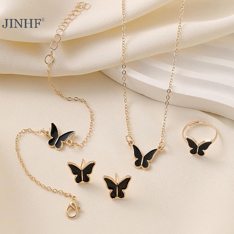 JINHF 1 Bộ Thời Trang Tinh Tế Đơn Giản Đa Năng Vòng Cổ Vòng Tay Bông Tai Nhẫn Dành Cho Nữ Cô Gái Tiệc Cưới Bộ Trang Sức Quà Tặng HOT