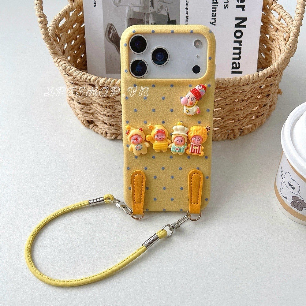 Ốp điện thoại bằng da lấp lánh 3D + dây buộc cho iPhone 17ProMax 17Air 16 15 14 13 12 11 Vỏ bảo vệ chống sốc