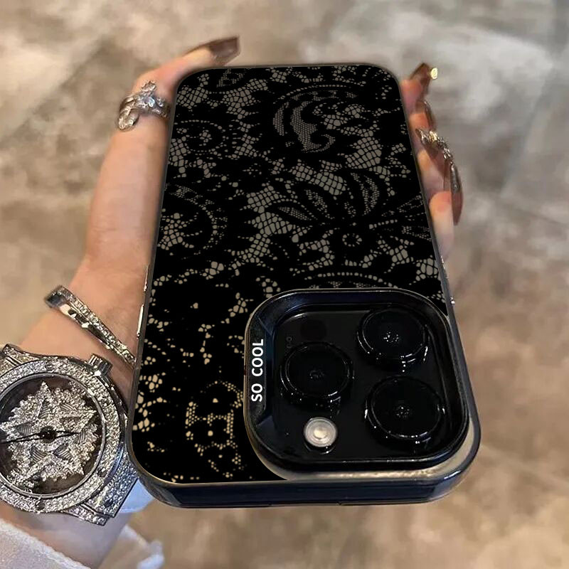 Dành Cho iPhone 16 15 17 Pro Max 11 13 14 12 Pro Cho iPhone 16e 7 8 Plus XS Max X XR SE2022 Thời Trang Ren Đen Viền Cô Gái Thoáng Mát IMD Matte Cứng Chống Sốc