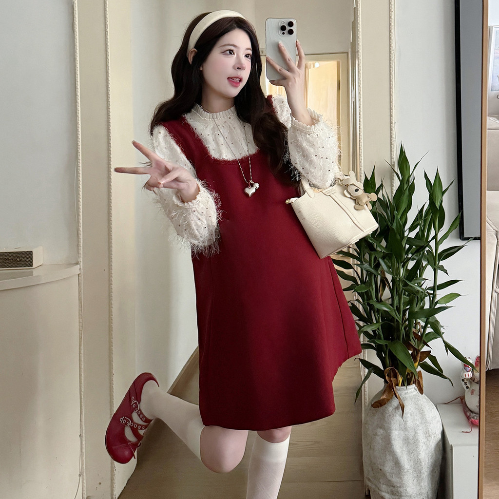 Bộ đồ bà bầu Thu Đông Váy sơ mi đính sequin Bộ đồ hai mảnh