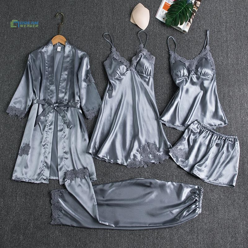 [Dream] Bộ đồ ngủ áo choàng lụa 5PC Bộ đồ ngủ ren Satin cho nữ Bộ áo choàng cổ chữ V Cami Nighties Mặc Pijama Home Váy ngủ mùa xuân mới