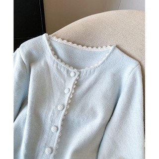 Áo Khoác Cardigan Preppy Cổ Tròn from Ren Sữa Xanh và Len, Phong Cách Hàn Quốc