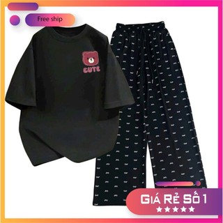 Bộ sét quần rộng hoạ tiết nơ  cạp chun+và áo phông gấu hồng chữ CUTE trẻ trung, sành điệu unisex-THUBA