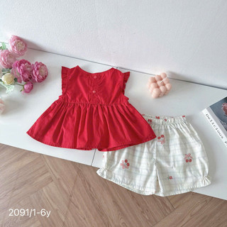 Set Bộ Áo Đỏ Đính Cherry Sát Nách Cho Bé Gái Chất Thô Lụa 8-26kg